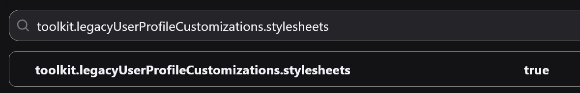 about:config with toolkit.legacyUserProfileCustomizations.stylesheets set to true.