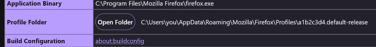 The Profile Folder row in about:support, with its Open Folder button.