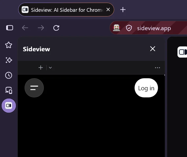 Sideview in Firefox's sidebar with Firefox's header, showing Sideview and a close button, above the chat tabs.